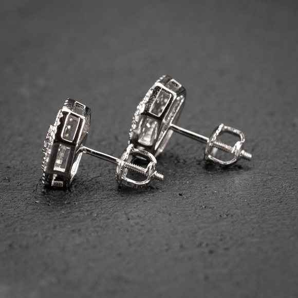 Men's White Gold Plated 925 Sterling Iced Cz Octagonal Shaped Stud Earrings - Picture 4 of 5